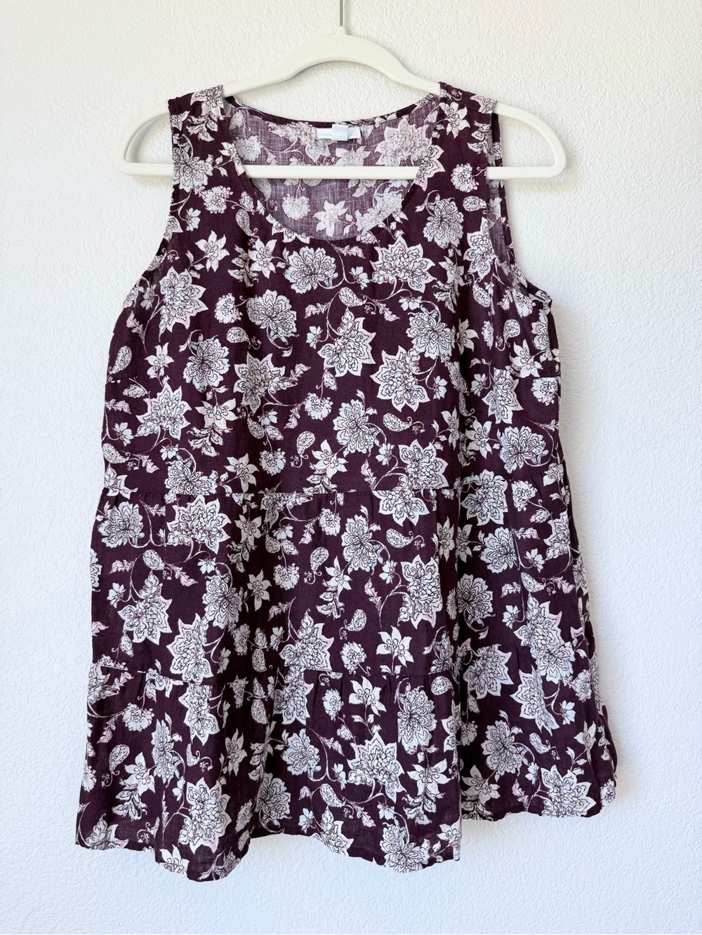 J Jill 100% Linen Floral Tank Top Plum Boho Lagenlook Swing Medium